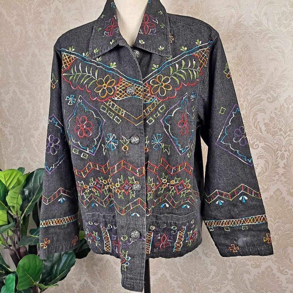 New Direction Size Large Dark Denim Jacket Embroidered Beaded Sequins EUC